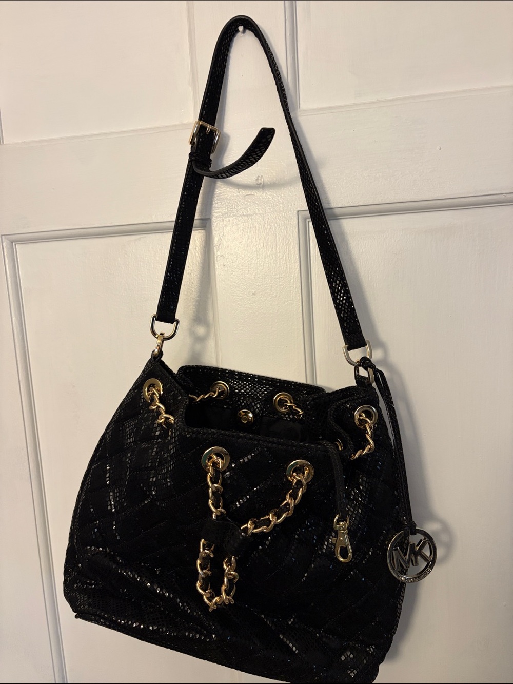 Michael Kors Black Quilted Shoulder Drawstring Bag with Gold Hardware